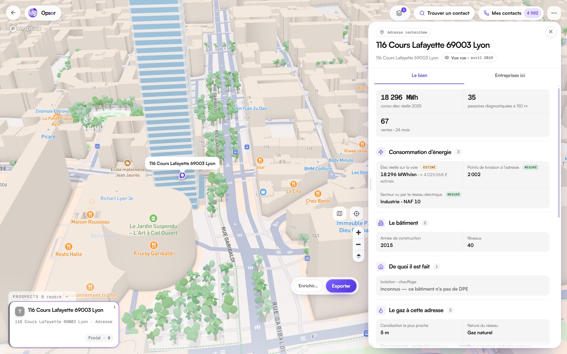 Opsor sur une tour de bureaux de Lyon, en vue 3D : la fiche de l’adresse — l’électricité consommée, 40 niveaux, une canalisation de gaz à 5 mètres.