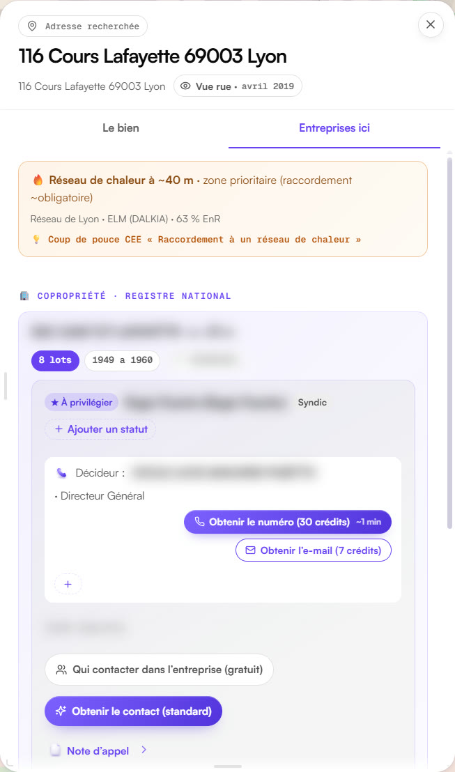 L’onglet « Entreprises ici » : un réseau de chaleur à 40 mètres en zone prioritaire, puis la copropriété voisine, son syndic et son décideur.