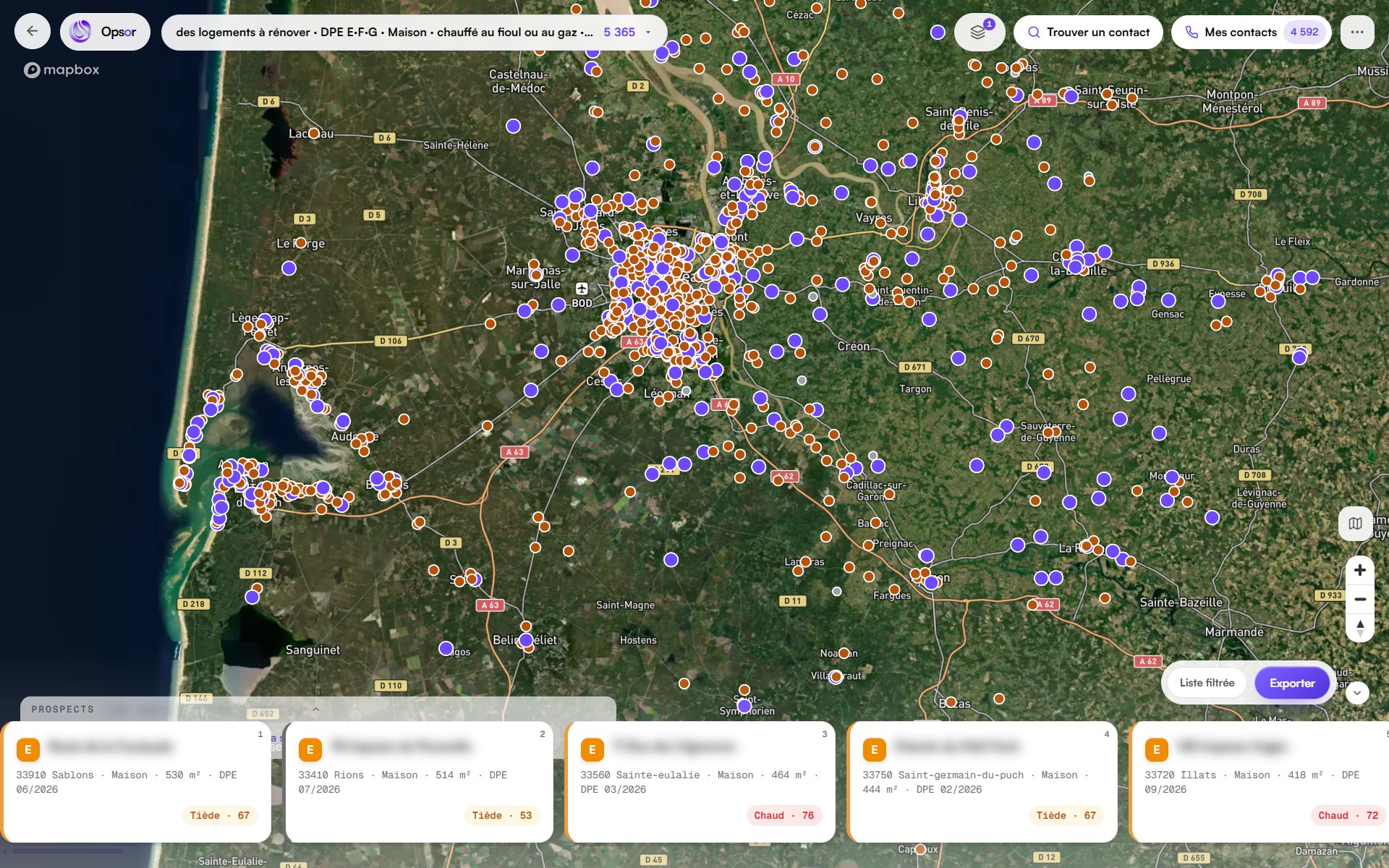 Opsor, vue carte de la Gironde : 5 365 maisons classées E, F ou G, chauffées au fioul ou au gaz et construites avant 1990, en points sur la carte, et en bas les premières de la liste.