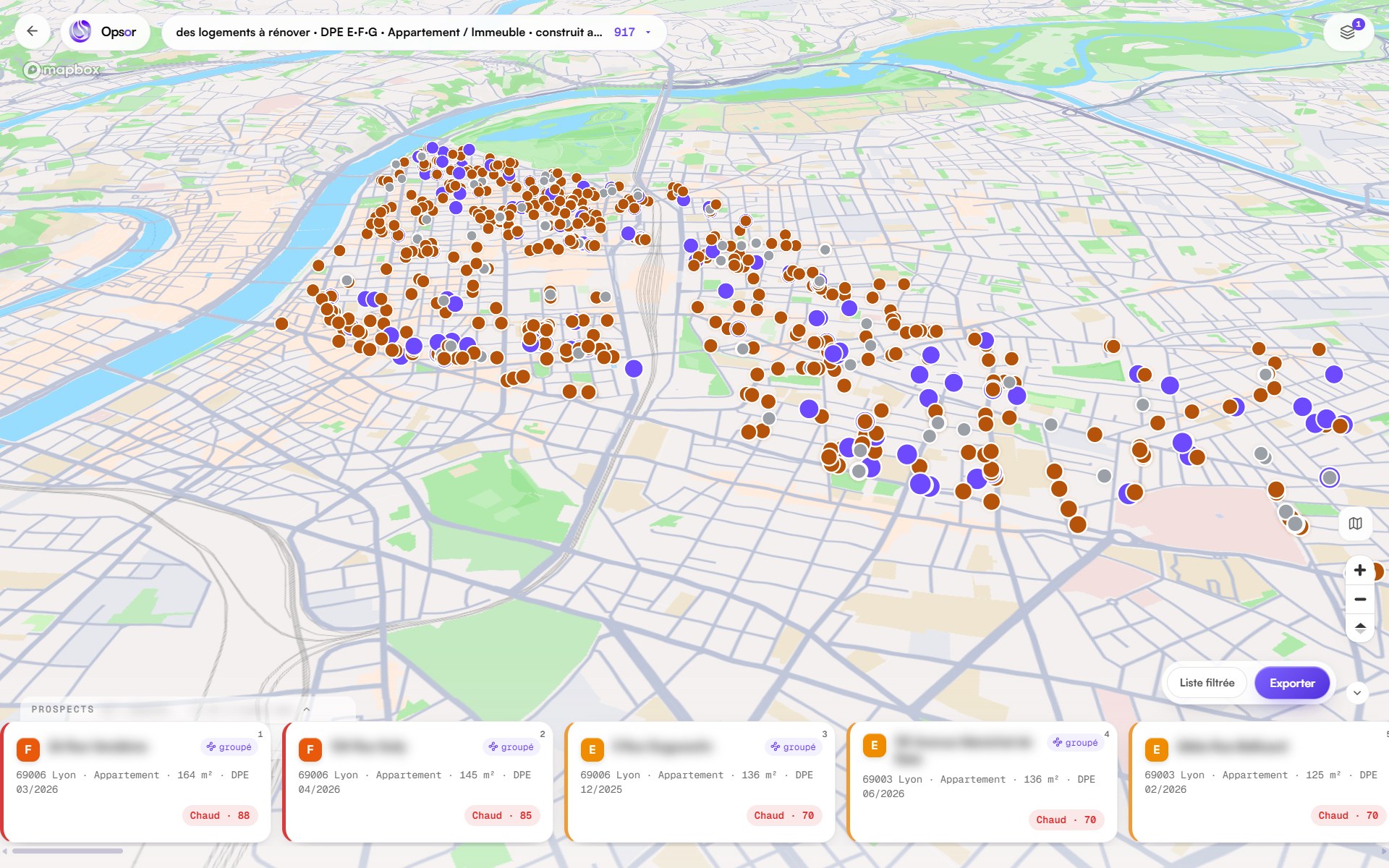 Opsor en vue 3D sur Lyon : 917 logements en copropriété de 20 lots et plus, construits avant 1975, dans les 3ᵉ et 6ᵉ arrondissements, en points sur la ville.