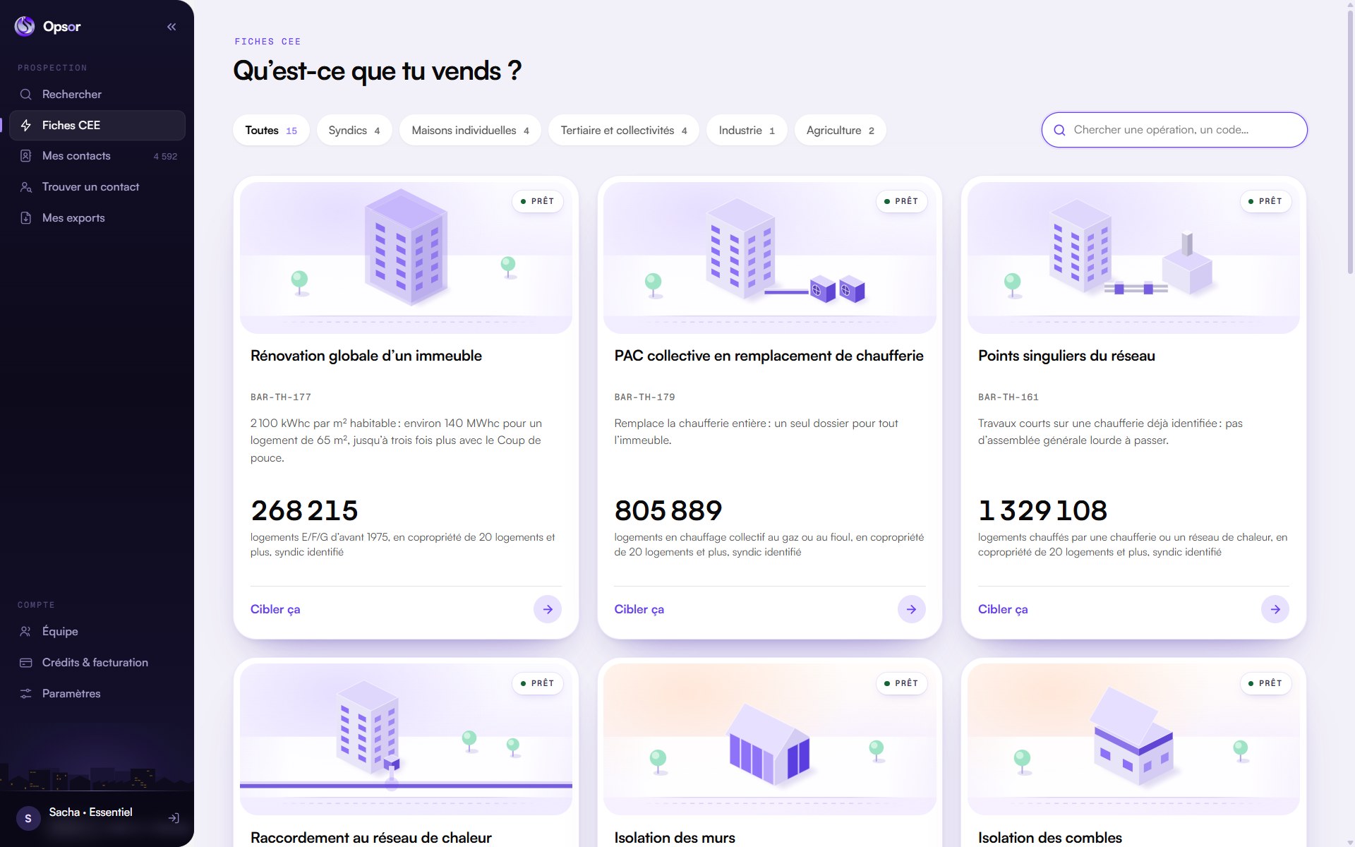 Le catalogue des fiches CEE dans Opsor : « Qu’est-ce que tu vends ? », des cartes par opération avec leur code, le volume de bâtiments en France et un bouton « Cibler ça ».