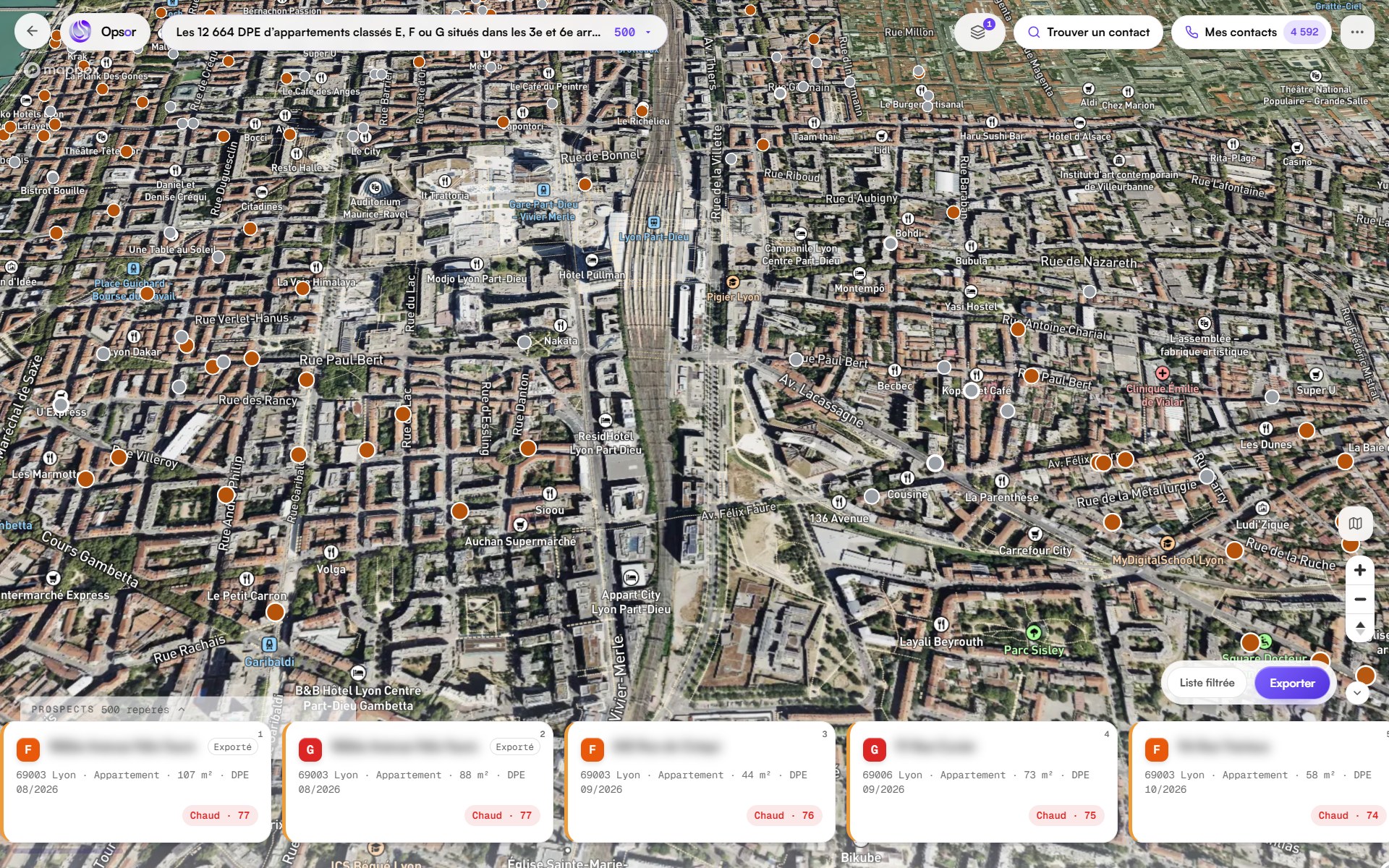 Opsor en vue 3D sur Lyon : 12 664 appartements classés E, F ou G dans les 3ᵉ et 6ᵉ arrondissements, en points sur la ville.
