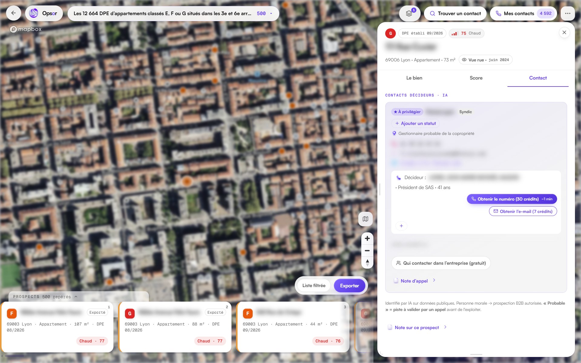 Opsor sur Lyon 6ᵉ : un appartement en copropriété sélectionné, et l’onglet Contact qui désigne le syndic comme l’interlocuteur à privilégier, avec son décideur.
