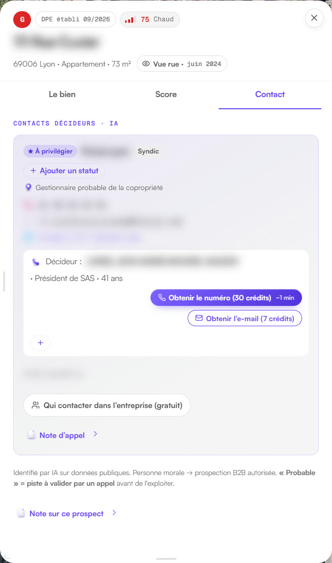 L’onglet Contact d’un appartement : le syndic de la copropriété, repéré comme l’interlocuteur à privilégier, et son dirigeant.