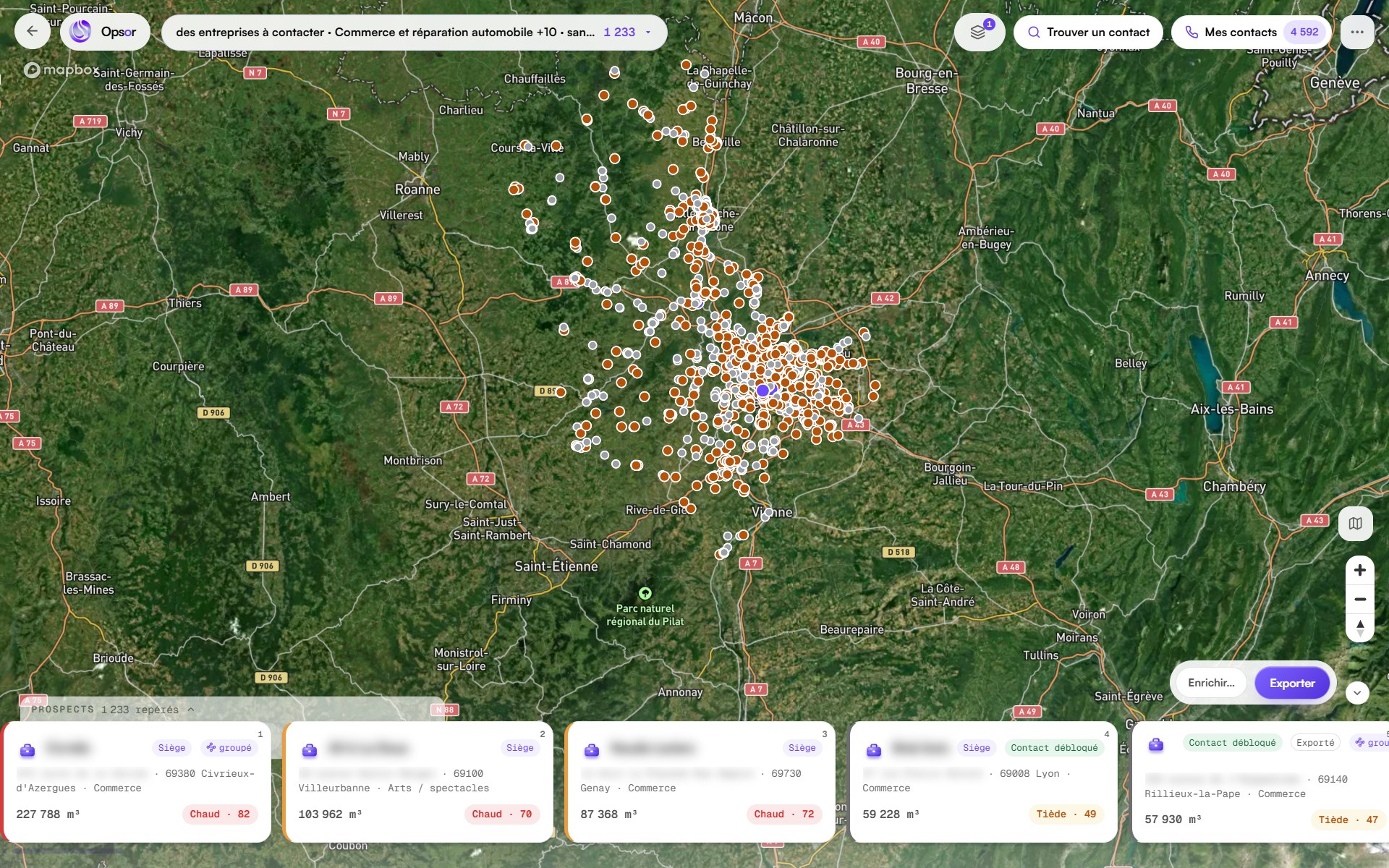 Opsor, vue carte du Rhône : les bâtiments trouvés en points, et en bas les premiers de la liste avec leur volume.