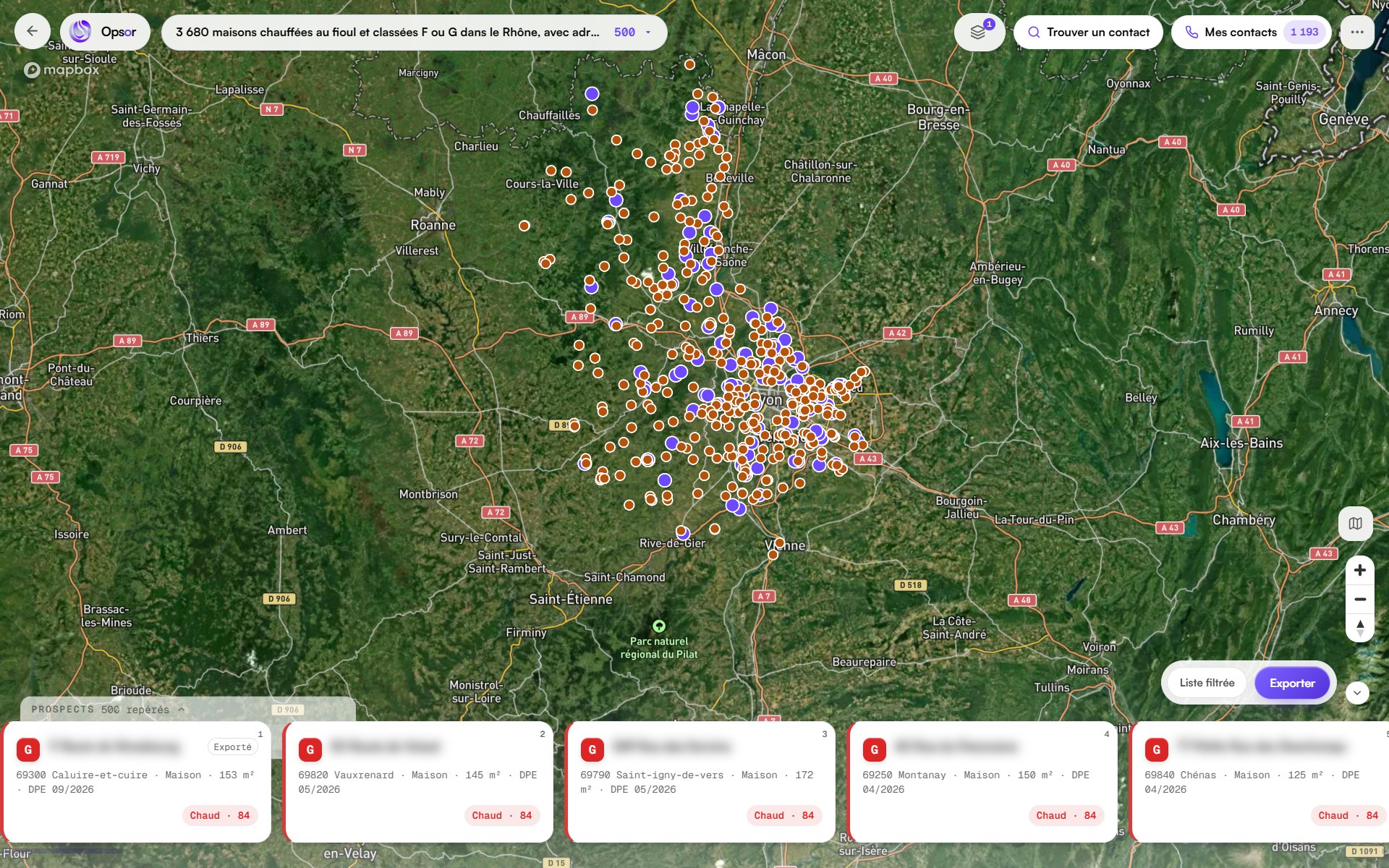 Opsor, vue carte du Rhône : 3 680 maisons chauffées au fioul et classées F ou G, en points sur la carte, et en bas les premières de la liste, toutes classées G.